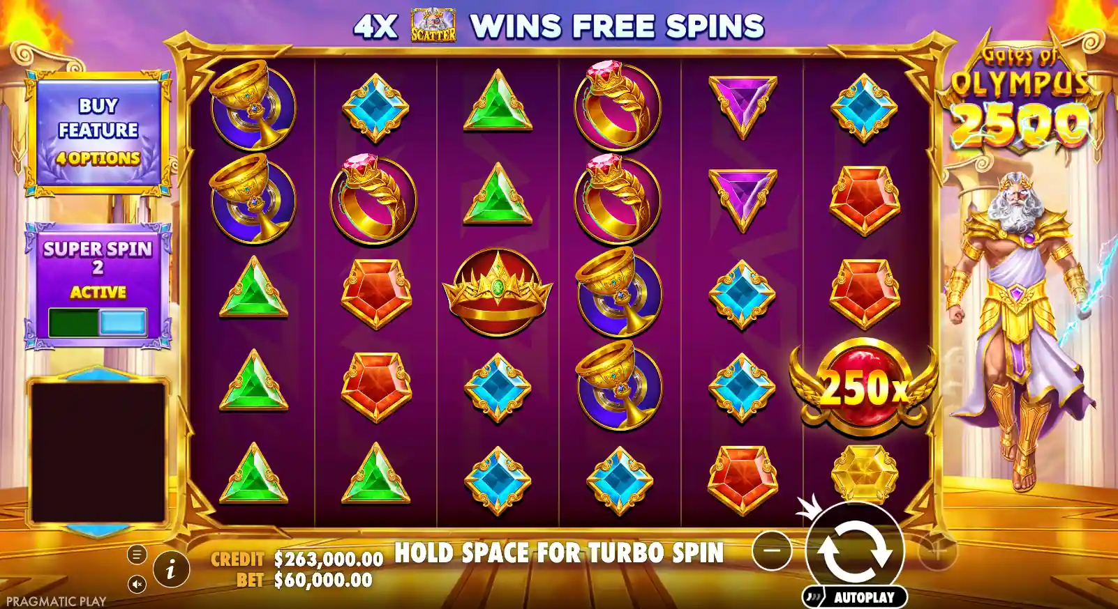 Gates of Olympus 2500 base game on the 6×5 grid with Zeus beside the reels